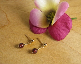 Ultra Tiny Garnet and Gold Ball and Post Earrings