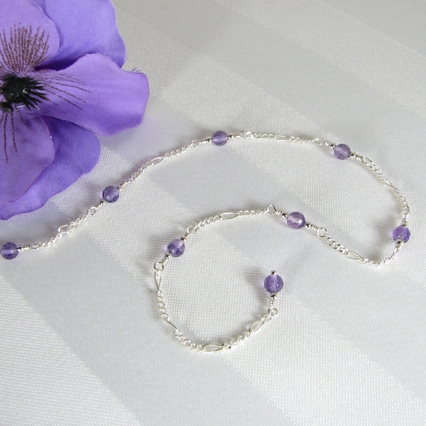Faceted Amethyst and Sterling Silver Chain Adjustable Anklet