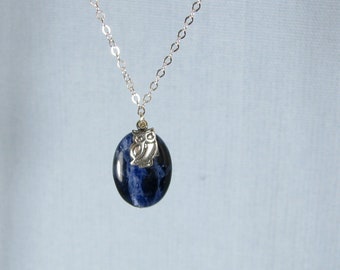 Sodalite and Sterling Silver Owl Charm Necklace