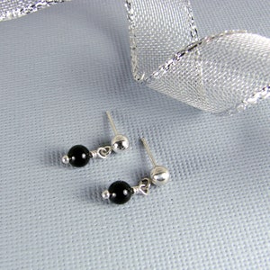 Very Tiny Black Onyx and Sterling Silver Ball and Post Earrings