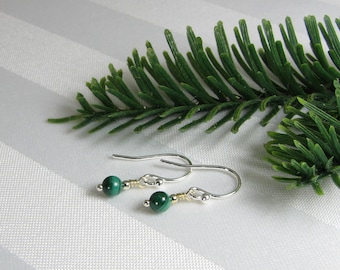 Very Tiny Malachite and Sterling Silver Earrings