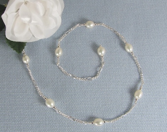 White Pearls and Sterling Silver Chain Adjustable Anklet
