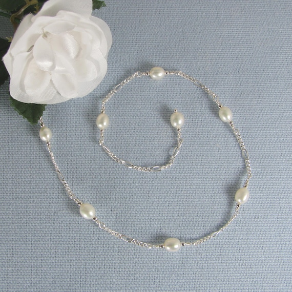 White Pearls and Sterling Silver Chain Adjustable Anklet