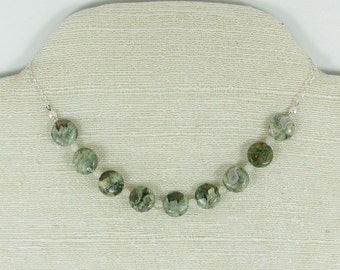 Rhyolite Coins, Soo Chow Jade, and Sterling Silver Chain Necklace