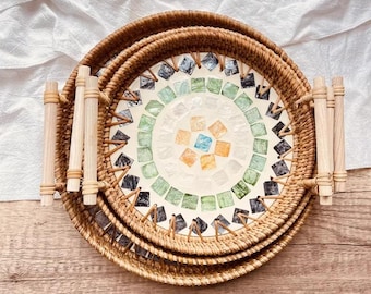 Handwoven Rattan Serving Tray Set | Vietnamese Floral Inlay, Poplar Handles