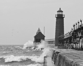 Grand Haven Lighthouse Fine Art Photography, Black And White, Wall Decor,  5 x 7 Nautical Digital Print