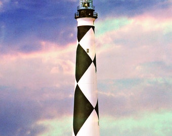 5 x 7 Photo Greeting Card, Blank Note Card, Cape Lookout Lighthouse, Nautical Photography, Purple And Blue Clouds