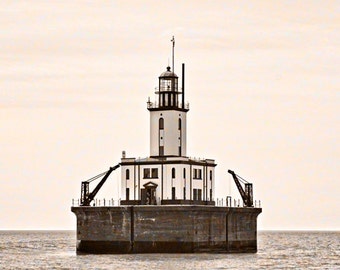 DeTour Reef Lighthouse, Fine Art Photography, Nautical Decor, 5 x 7 Sepia Style Photo, Lake Huron Michigan