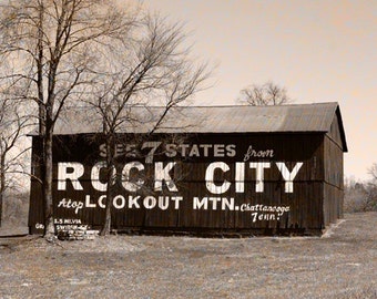 Rock City Barn Fine Art Photography, Rural America, Sepia Style, 5 x 7 Rustic Print, Sign Artwork