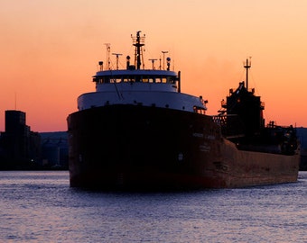 Lake Superior, Duluth Freighter,Fine Art Photography, Nautical Print, 5 x 7 Sunset, Wall Art