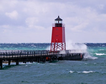 Charlevoix Lighthouse Michigan,  Fine Art Photography, 5 x 7 Nautical Print, Lake Michigan, Winter Storm