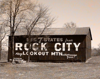 Rock City Barn, Fine Art Photography, Rural America, 8 x 10 Sign Decor, Sepia Style, Wall Art, 5 x 7 Photo
