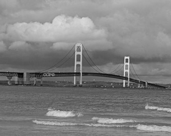 Mackinac Bridge, Black And White, Fine Art Photography, Michigan Landscape, 8 x 10 Mighty Mac