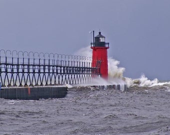 South Haven Lighthouse Fine Art Photography, Nautical Decor, Lake Michigan, Wall Art, High Waves