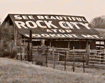 Rock City Barn, Fine Art Photography, Rural America, Sepia Style, 8 x 10 Photo, Sign Decor, 5 x 7 Wall Art