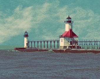 St Joe Lighthouse, Fine Art Photography, 5 x 7 Nautical Print, Saint Joseph, Michigan Landscape, Teal Vintage Style