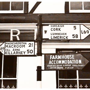 Irish Road Signs, Original Art Photography, Sepia Print, Cork, Limerick, Killarney Ireland, Black And White