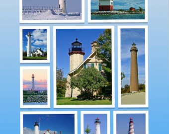 Michigan Lighthouse Collage, Fine Art Photography, Nautical Print, 11 x 14 Photo, South Haven, Crisp Point, Little Sable