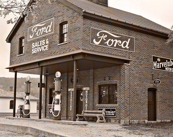 Old Gas Station, Fine Art Photography, 5 x 7 Rustic Print, Sepia Wall Decor, Gas Pumps, Wall Art