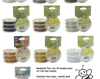 FLEX-RITE 49 Strand Beading Micro Wire .012-.024" 10-100 Ft Beadsmith Flex Right Sterling Silver Gold Plate Black Bronze Clear Copper Pearl
