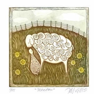 etching, mother and child, sheep and lamb, spring meadow, handprinted, numbered and signed edition, Mariann Johansen-Ellis