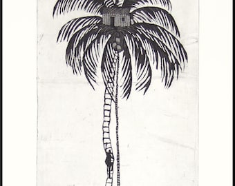 etching, handprinted on paper, My Place, limited signed and numbered edition, Mariann Johansen-Ellis, palm tree, ocean