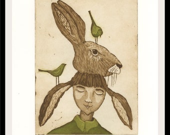 etching, Bunny Girl, handprinted on paper, signed and numbered edition, Mariann Johansen-Ellis, hare, rabitt, birds