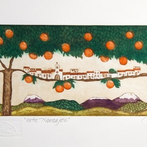 Etching, orange tree, landscape, hand printed on paper, limited edition art, signed and numbered, mariann johansen-ellis, oranges, village