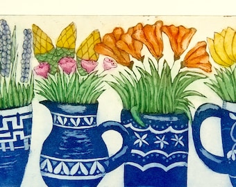 etching, Spring Parade, flower art print, blue and white crockery, blue and white, jug of flowers wall art, garden wall art, wildflower art