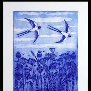 etching, aquatint, Summer Sky, blue and white print, swallows, meadow flowers, handprinted and signed, Mariann Johansen-Ellis
