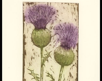 etching, Thistle, purple, green, flowers, handprinted on paper, signed, Mariann Johansen-Ellis