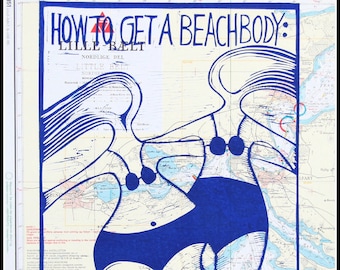 linocuts, Beach Body, vintage sea chart, handprinted and signed, Mariann Johansen-Ellis, blue and white, vintage map