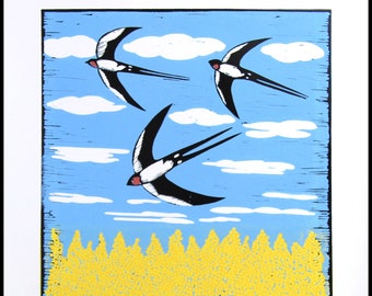 linocut, Summer, swooping swallows, landscape, handprinted, signed, Mariann Johansen-Ellis