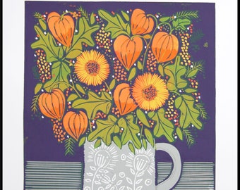 linocut, Sunny, flowers in a vase, handprinted, signed, Mariann Johansen-Ellis, orange, yellow, green