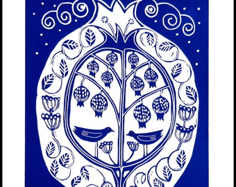 linocut, blue and white, Pomegranate tree, handprinted, signed, Mariann Johansen-Ellis