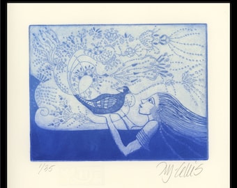 eau-forte, Blue Bird of Happiness, imprimée à la main sur papier, édition limitée signée, impression romantique, Mariann Johansen-Ellis