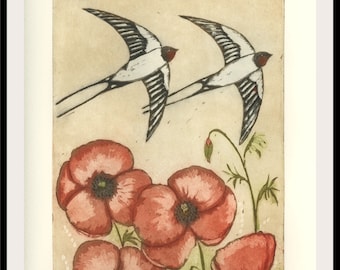 etching, Swallows and Poppies, hand printed on paper, limited edition, signed and numbered, mariann johansen-ellis