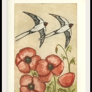 etching, Swallows and Poppies, hand printed on paper, limited edition, signed and numbered, mariann johansen-ellis