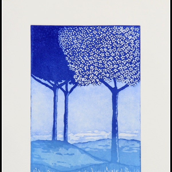 etching, Forever blue skies, hand printed on paper, limited edition, signed and numbered, mariann johansen-ellis