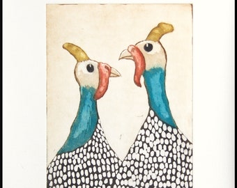 eau-forte, poules d'Inde, impression à la main sur papier, édition limitée, signée et numérotée, poules, mariann johansen-ellis