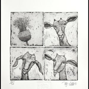 etching, 3 goats and a thistle, handprinted, signed, Mariann Johansen-Ellis