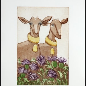 etching, Goats and thistles, hand printed on paper, signed and numbered, original print, mariann johansen-ellis