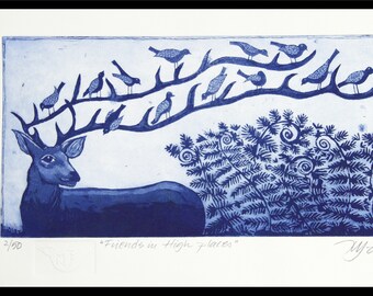 Friends in high places, etching on paper, handprinted and signed, deer and bird print