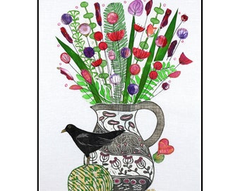 collage linogravure, Quand l'été vient, art textile, broderie en piqué libre, signé, Mariann Johansen-Ellis, fleurs roses dans un pot gris