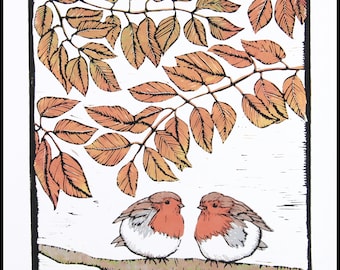 linocut, Robins, small birds on autumn branch, handprinted, signed, Mariann Johansen-Ellis