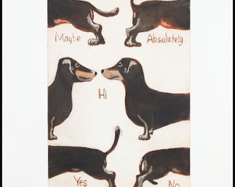 etching, Talking Tail, hand printed on paper, limited edition, signed and numbered, dachshunds,dogs, mariann johansen-ellis, wall art
