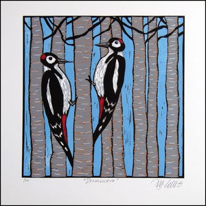 linocut, Woodpeckers, Drummers, handprinted, signed, Mariann Johansen-Ellis