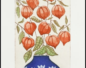 etching, handprinted on paper, Chinese lanterns, gardeners wall art, limited signed and numbered edition, Mariann Johansen-Ellis