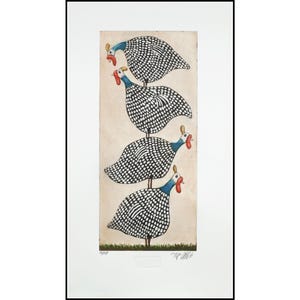 May include: A framed print of a black and white illustration of four guinea fowl stacked on top of each other. The birds have blue heads and red beaks. The print is on a cream-colored background.