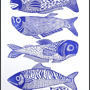 linocut, four fish in blue and white, handprinted, signed, Mariann Johansen-Ellis